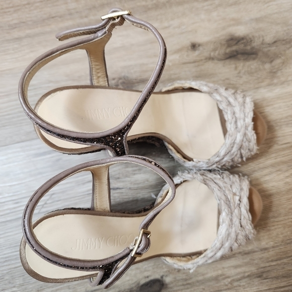 Jimmy Choo Perla Jute Glitter Wedge Sandal Light Mocha in Size 37(US 7) - Picture 15 of 16
